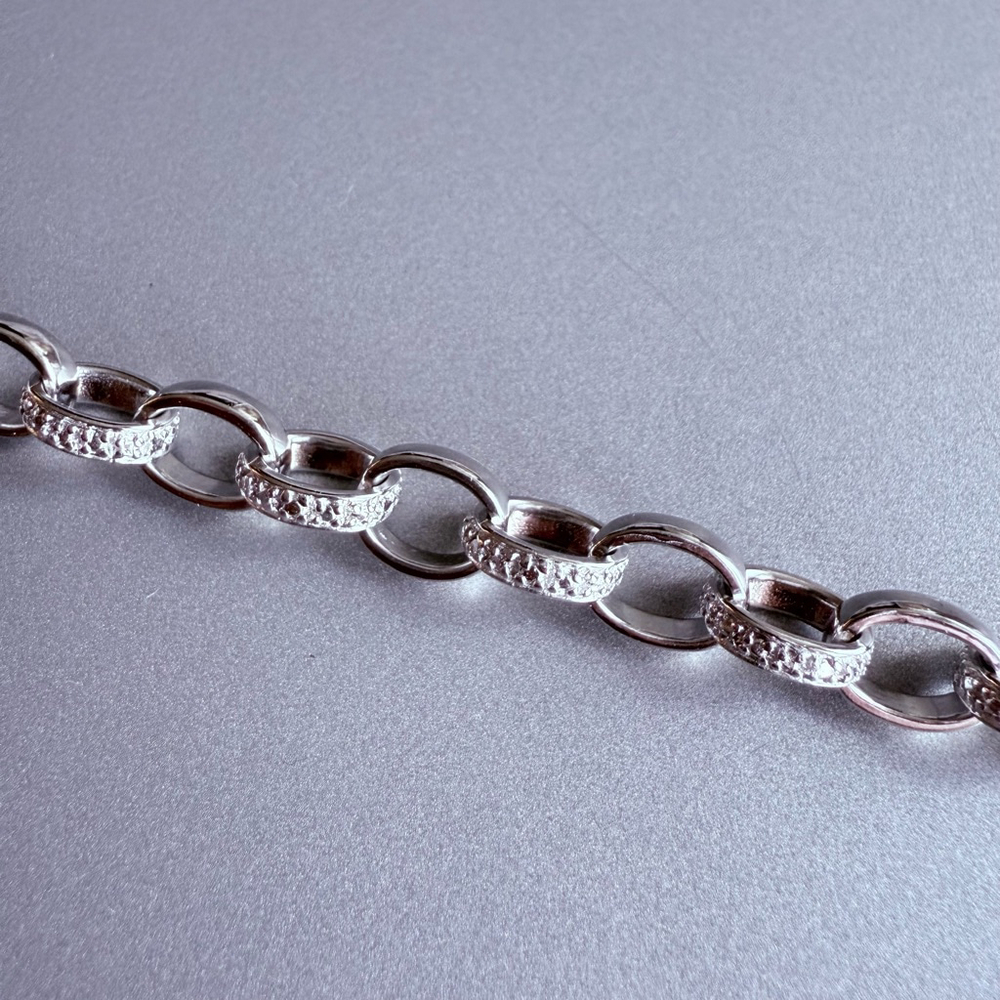 Sterling Silver 925 Eternity Link Diamond Heart Tag Charm Toggle Bracelet - Picture 5 of 8